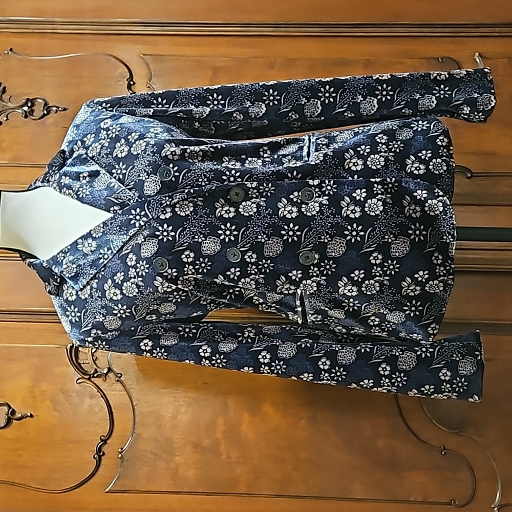 Velvet Carolina Belle Montreal Blazer Jacket Velvet Feel Floral Design Blue Sz S